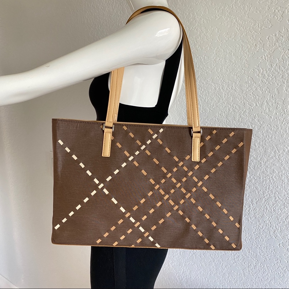 Burberry Brown Tote with Tan Strap and Plaid Cutout Detail